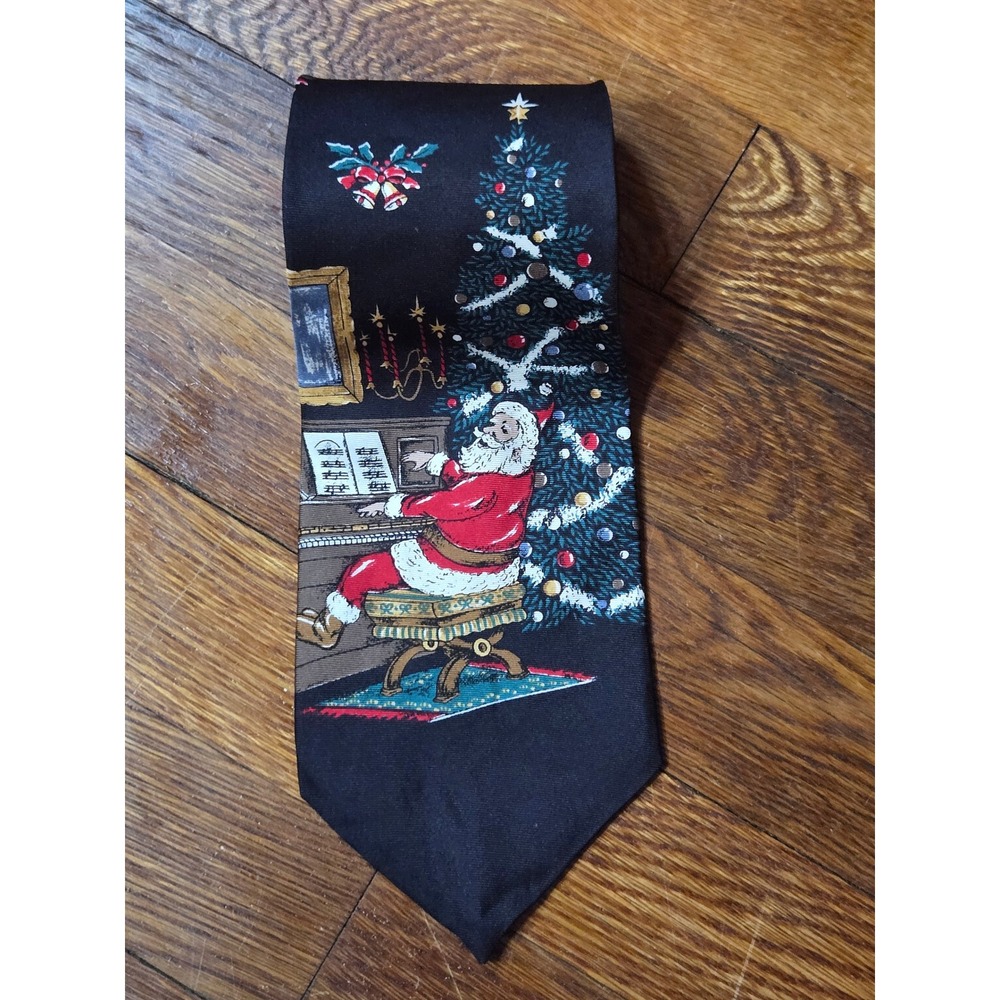 Wembley Mens Christmas Silk Tie Black Santa Playing Piano Christmas Tree Holiday